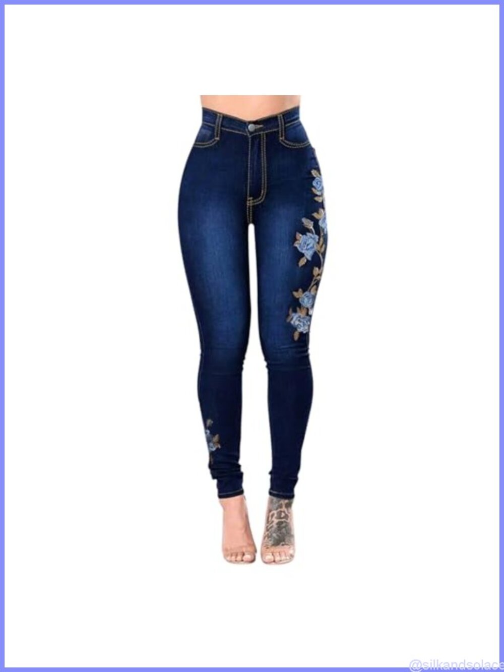 Women's Floral Embroidered High Waisted Skinny Jeans Stretch Denim